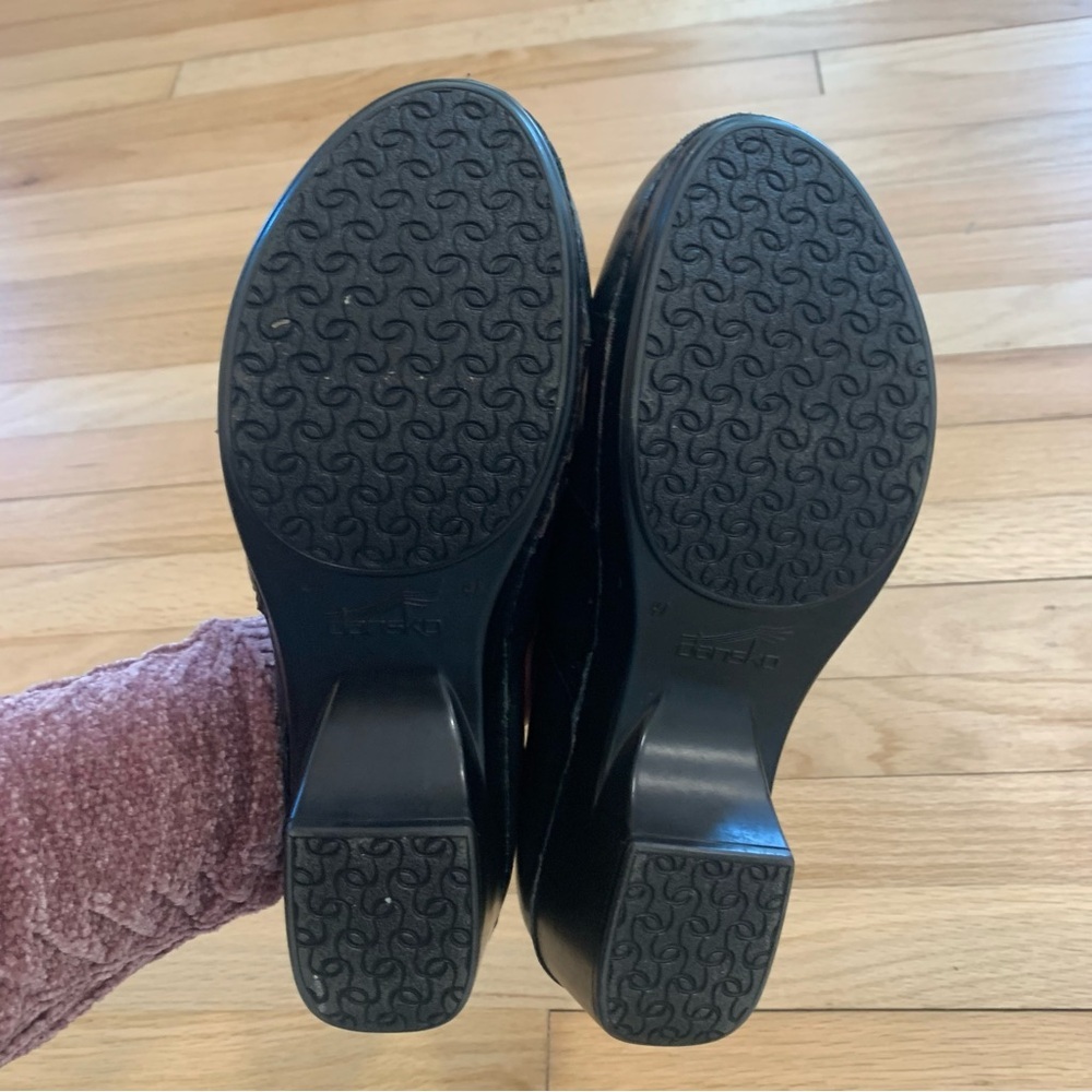 Dansko Black Leather Clog Mules with Brown Center Panel - Picture 8 of 9